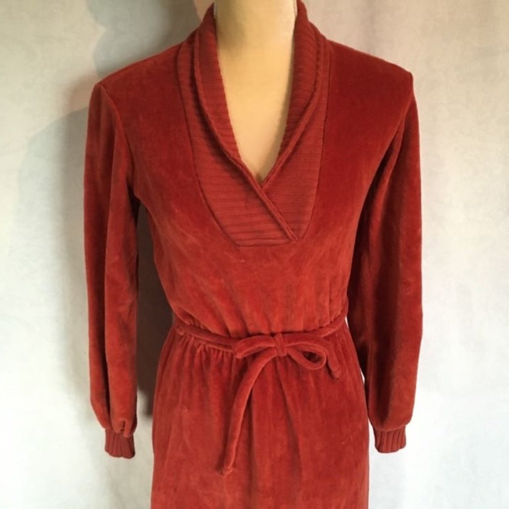 Vintage 70s Rust Orange Velour Dress - Picture 2 of 5